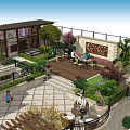 Modern Garden Landscape With Courtyard Stone Wall Palm Plant Lanterns And Staircase