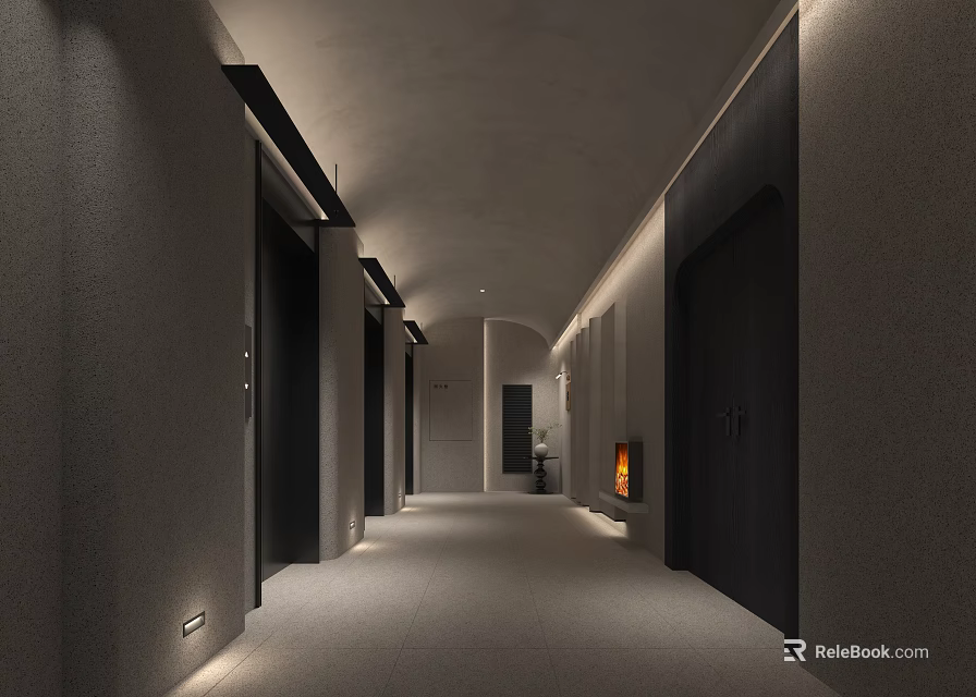 Modern Elevator Hallway Long Corridor Design With Gray Walls Black Doors And Recessed Lighting 3d model 