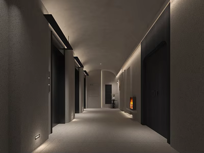 Modern Elevator Hallway Long Corridor Design With Gray Walls Black Doors And Recessed Lighting 3d model