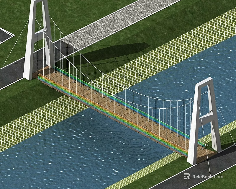 Cable Stayed Bridge With White Pylons Spanning Water And Green Grass 3d model 