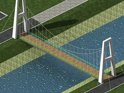 Cable Stayed Bridge With White Pylons Spanning Water And Green Grass 3d model