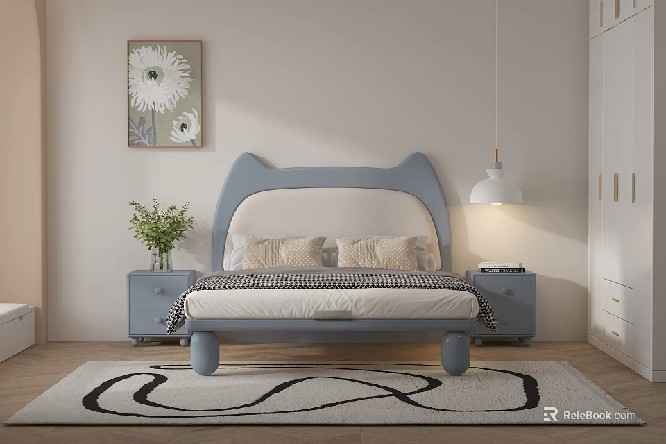 Cute Blue Kids Bed With Cat Ear Headboard Nightstands Green Plant Flower Painting And Rug 3d model 