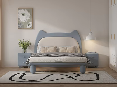Cute Blue Kids Bed With Cat Ear Headboard Nightstands Green Plant Flower Painting And Rug 3d model