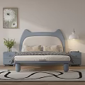 Cute Blue Kids Bed With Cat Ear Headboard Nightstands Green Plant Flower Painting And Rug