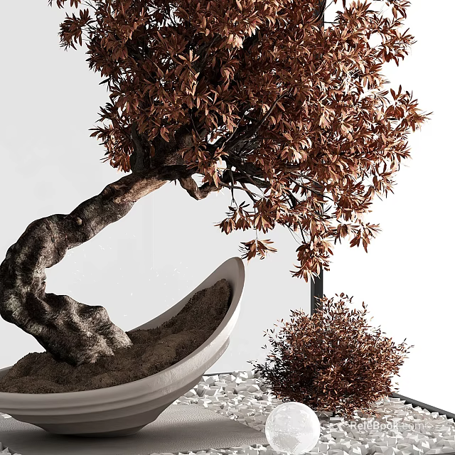 Bonsai Tree with Twisted Trunk Brown Foliage in White Bowl and Shrub with White Pebbles 3d model 
