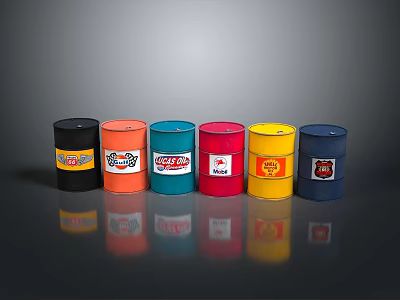Colorful Oil Drums Featuring Various Colors Brand Logos On Gray Background With Reflections 3d model