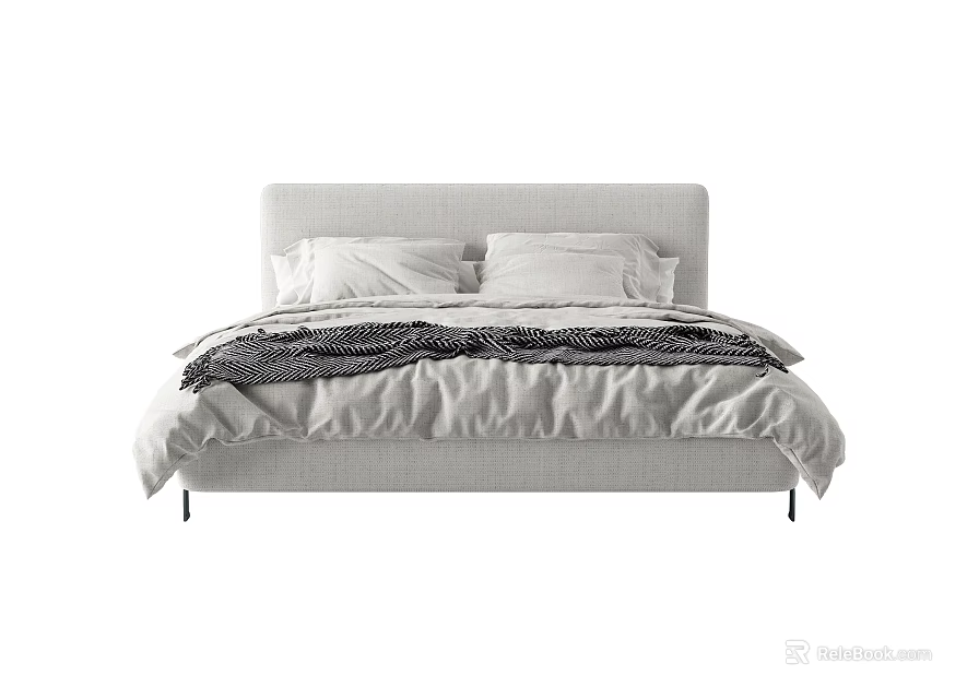 Modern Double Bed With Light Gray Upholstered Headboard White Bedding And Black White Patterned Blanket 3d model 