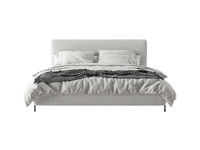 Modern Double Bed With Light Gray Upholstered Headboard White Bedding And Black White Patterned Blanket 3d model