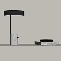 Table Lamp With Marble Base Golden Rod Black Lampshade On Shelf With Books And Plate