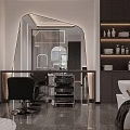 Modern Beauty Hair Salon Interior With Gray Sofa Round Mirrors Black Chairs And Marble Flooring