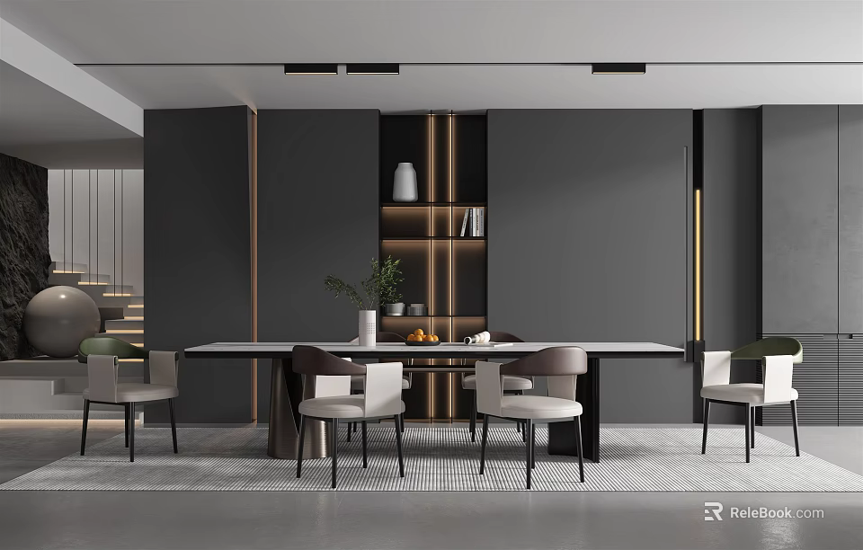 Modern Restaurant Interior With Open Design Grey Tone Dining Table And Chairs 3d model 