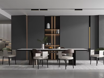 Modern Restaurant Interior With Open Design Grey Tone Dining Table And Chairs 3d model