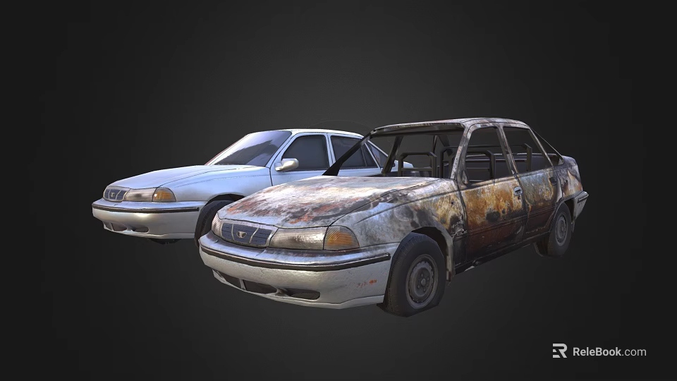 Two Cars Parked Side By Side With White And Rusted Damaged Exteriors 3d model 