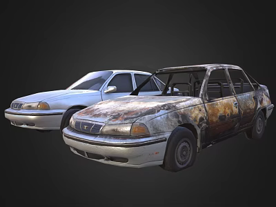 Two Cars Parked Side By Side With White And Rusted Damaged Exteriors 3d model