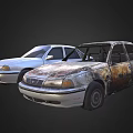Two Cars Parked Side By Side With White And Rusted Damaged Exteriors