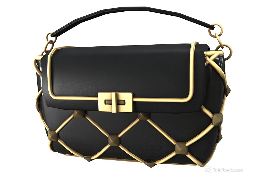Stylish Black Leather Handbag With Gold Clasp And Woven Design Accents 3d model 