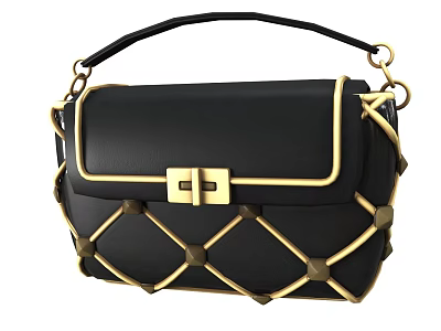Stylish Black Leather Handbag With Gold Clasp And Woven Design Accents 3d model