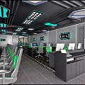 Modern Internet Cafe With Green Gray Gaming Chairs Computers And Illuminated Wall Screens