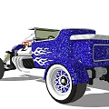 Vintage Custom Blue Car With Flame Graphics Exposed Engine And White Wheels