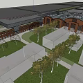 Modern Commercial Street With Traditional Archways Glass Curtain Walls Green Lawns And Water Features