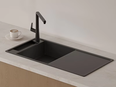 Black Modern Kitchen Faucet With Black Sink On Light Colored Countertop And Coffee Cup 3d model