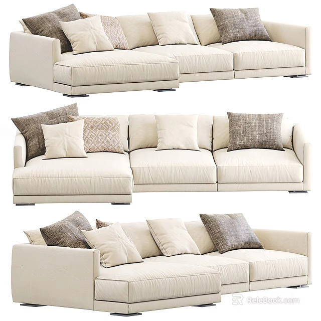 Modern Beige Sectional Sofa with Various Textured Pillows and Comfortable Upholstered Design 3d model