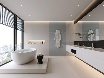 Modern Bathroom With White Bathtub Floor to Ceiling Windows City View Bathrobe Double Sinks and Mirror 3d model