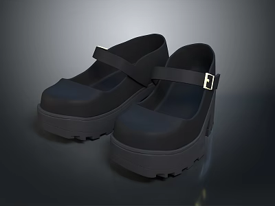 Stylish Black Women's Platform Shoes With Velcro Strap And Thick Sole 3d model