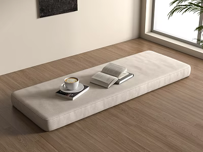 Beige Floor Cushion On Wooden Floor With Open Book Coffee Cup Window And Plant 3d model