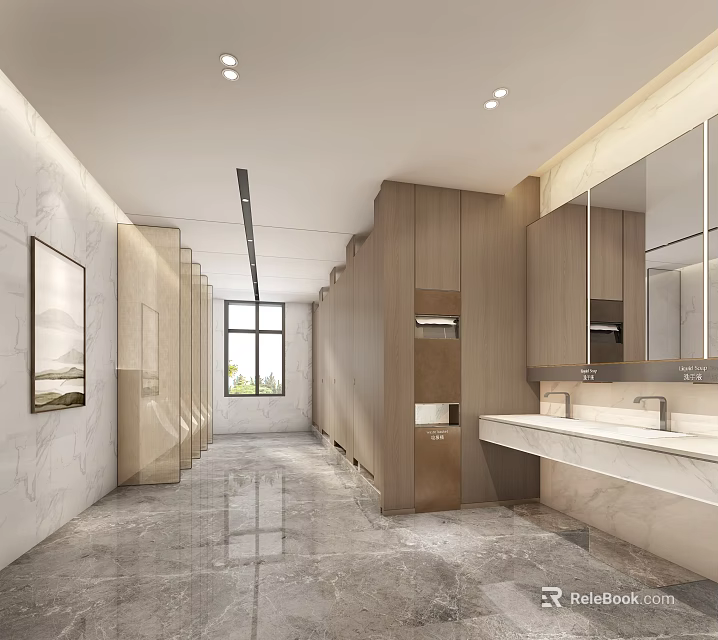 Modern Public Restroom Interior Featuring Washbasins Mirrors Stalls And Lighting 3d model 