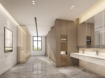 Modern Public Restroom Interior Featuring Washbasins Mirrors Stalls And Lighting 3d model