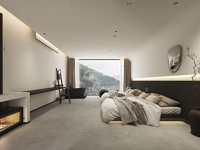 Modern Hotel Room Interior With King Bed Mountain View And Floor to Ceiling Windows 3d model