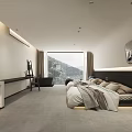 Modern Hotel Room Interior With King Bed Mountain View And Floor to Ceiling Windows
