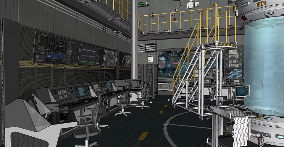 Industrial Laboratory Interior With Control Panels Multiple Screens Yellow Railings And Staircase 3d model 