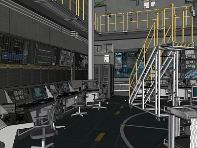 Industrial Laboratory Interior With Control Panels Multiple Screens Yellow Railings And Staircase 3d model