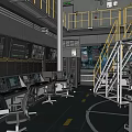 Industrial Laboratory Interior With Control Panels Multiple Screens Yellow Railings And Staircase 3d model