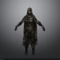 Woman in Hooded Cloak and Armor With Leather Belt and Boots Standing Against Gray Background