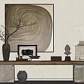 Wooden Shelf On Stone Pedestal Base With Decorative Vase Sculpture Framed Art And Abstract Painting