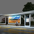 Modern Bus Stop Public Facility With Tall Building Green Trees Billboard Bench And Person Sitting