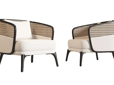 Modern Accent Chair With Woven Rattan Arms White Cushion And Black Frame Design 3d model