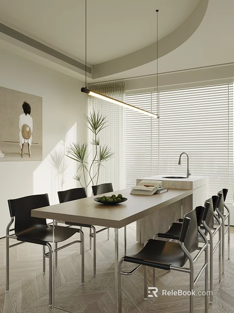 Modern Open Kitchen Bar Counter With Black Chairs Green Plants And Window Blinds 3d model 