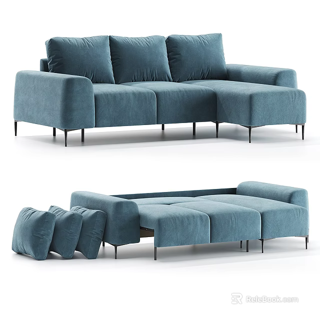 Modern Blue Velvet Sectional Sofa With Modular Design Plush Pillows And Metal Legs 3d model 