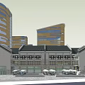 Traditional And Modern Architecture Commercial Street With Fountain And Parking Spaces