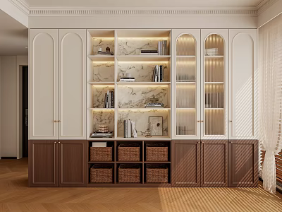 Elegant Modern Decorative Cabinet With Open Shelves Glass Doors And Woven Baskets 3d model