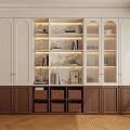 Elegant Modern Decorative Cabinet With Open Shelves Glass Doors And Woven Baskets