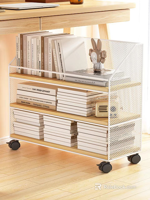Study Room With Wire Grid Bookshelf Containing Books Rabbit Doll Vintage Radio And Wheels 3d model 