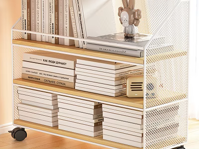 Study Room With Wire Grid Bookshelf Containing Books Rabbit Doll Vintage Radio And Wheels 3d model