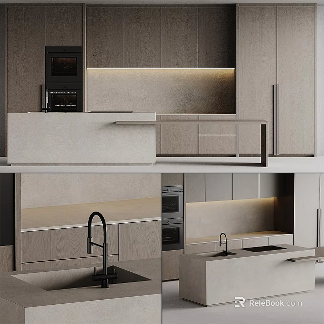 Modern Kitchen With Sleek Wooden Cabinets Island Countertop And Built in Appliances 3d model 