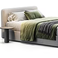 Double Bed Gray Upholstered Frame Green Comforter Gray Throw Blanket White Green Pillows and Nightstand