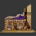 Cartoon Arabian Style Shop Scene With Purple Tent Tower And Clay Pots On Sandy Ground